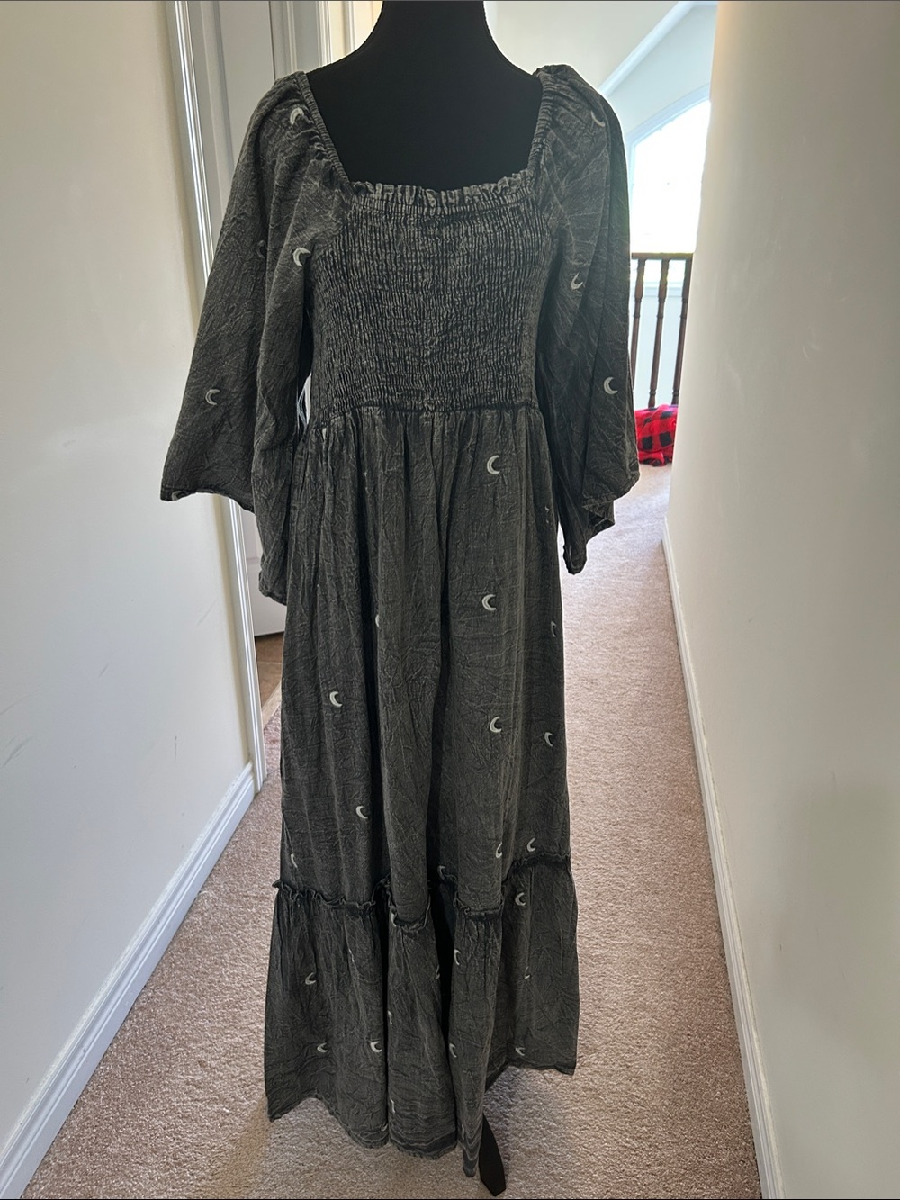 Smocked Square-Neck Maxi Dress in black washed with Crescent Moon Print